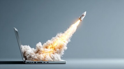A laptop computer with a rocket coming out of it. Perfect for technology and innovation concepts