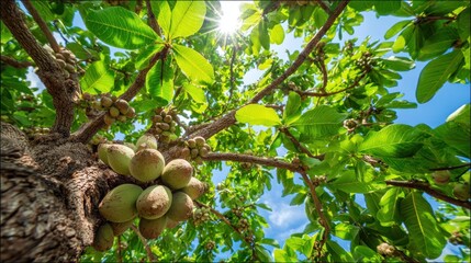 Green fruits on lush tree canopy