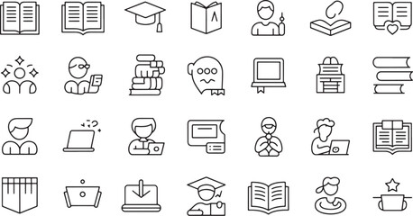 Icons Representing Education and Learning, Including Books, Graduation Caps, Computers, and Students for Educational Purposes