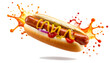 © nizar - Delicious hot dog with mustard, ketchup, and splash, perfect for fast food menus and ads