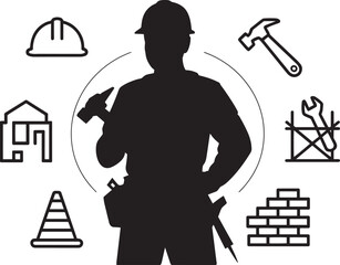 Construction Worker Silhouette with Tools Icons on Transparent Background for Building