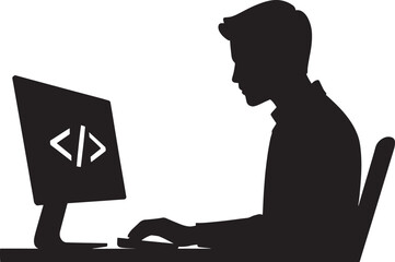 Programmer Silhouette Working on Computer with Code Symbol on Transparent Backdrop