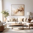 © cik - Serene Japandi Interior with a Large Blossom Artwork and Soft Natural Light.