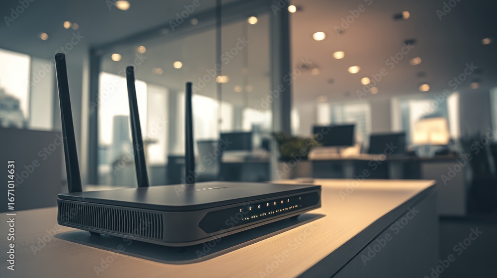 Router sits on desk, connects devices in bright office Stock Photo ...