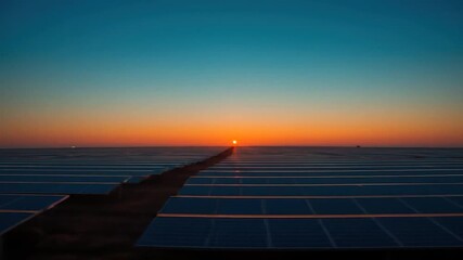 Solar panel array at sunset generating clean renewable energy technology for sustainable power production