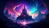 Magical Fantasy Castle in a Colorful Mountainous Landscape halloween background