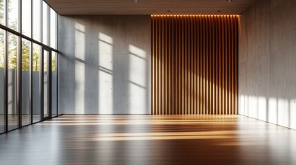 Wall Mural - a modern, minimalist interior space featuring wooden flooring, large windows, and a striking wooden 