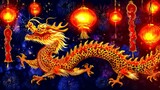 Chinese New Year dragon dance with glowing lanterns, festive red banners and fireworks at night, traditional cultural celebration illustration.