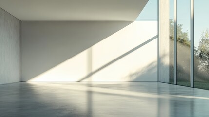 Wall Mural - a minimalist interior with large glass windows, showcasing natural light and shadows on a smooth flo