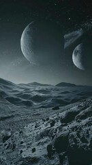 Wall Mural - A black and white  of a planet with two moons. The moon is in the foreground and the other is in the background