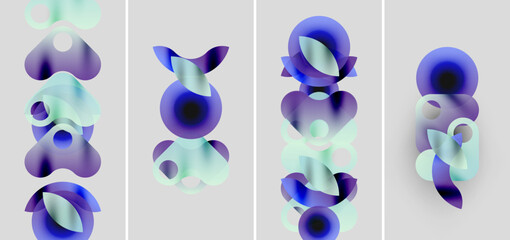Wall Mural - abstract composition featuring overlapping blue, purple, mint shapes. four panels display fluid form
