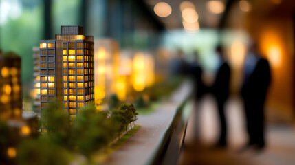 A detailed architectural model of a modern apartment building with lit windows, surrounded by miniature trees and a street, with blurred figures in the background