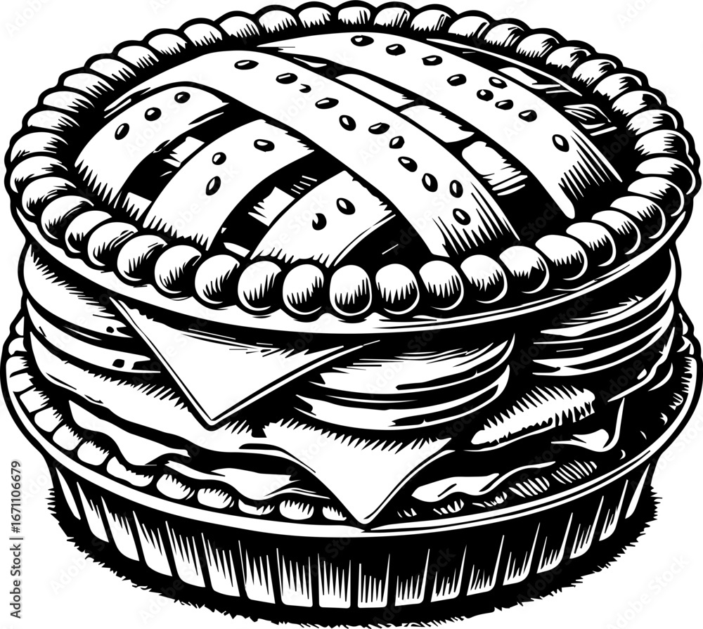 Detailed monochrome illustration of a stacked pie with lattice crust ...