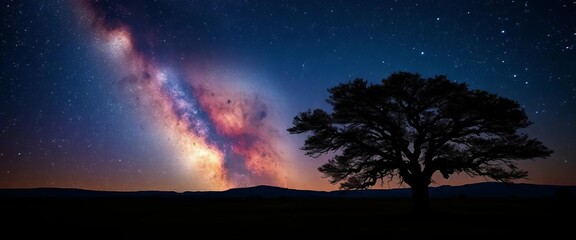 Wall Mural - Dark acacia tree silhouette against vibrant Milky Way, Masai Mara, Kenya,  night sky,  dramatic