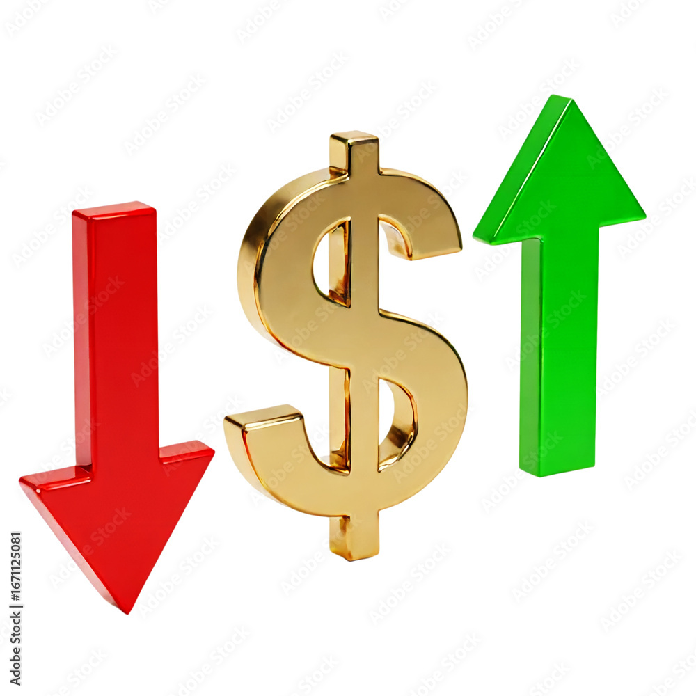 Golden dollar sign with red down arrow and green up arrow isolated on ...