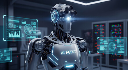 Futuristic ai agent robot in a modern data center environment with advanced technology