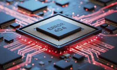 computer chip with error 404 message on glowing red circuit board technology