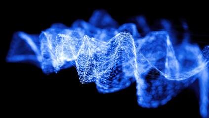 A vibrant, flowing design features a dynamic network of blue particles against a dark background.