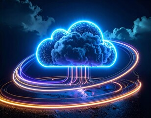 Wall Mural - A futuristic cloud computing network illuminated by the world with an illustration of stars in the night sky