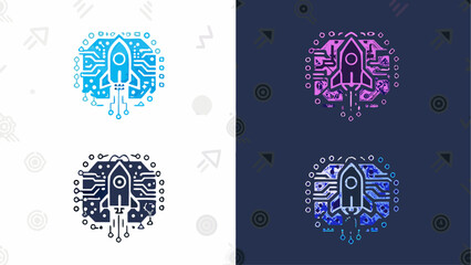 Four stylized rocket launch icons with circuit board details on contrasting backgrounds in a square layout