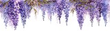 A beautiful watercolor illustration of cascading wisteria flowers in shades of purple, creating a serene and elegant floral display.
