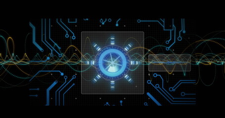 Wall Mural - showing glowing blue hub on grid ui with translucent square overlay, waveforms, circuits and icons