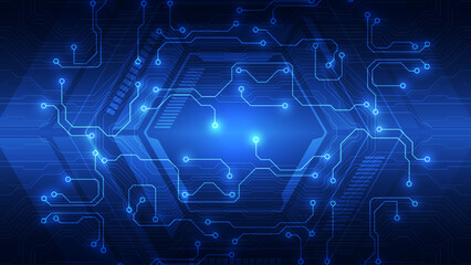 Blue Futuristic Circuit Board Technology with Glowing Digital Connections Background