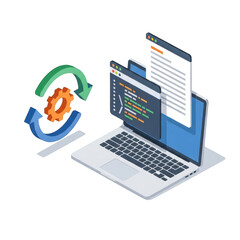 Digital workflow automation with coding laptop and circular process arrows graphic transparent background