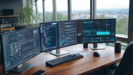 Wall Mural - Tech Workspace: A modern workspace setup featuring multiple monitors displaying code and data visualization, hinting at technological innovation and productivity.