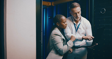 People, laptop and server room with cyber security, teamwork and advice with engineering. IT specialist, pc and employees with programming, conversation or feedback for hardware upgrade or inspection