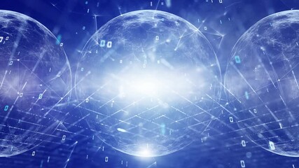 Wall Mural - three spheres on a digital computer network lines dots loop background.