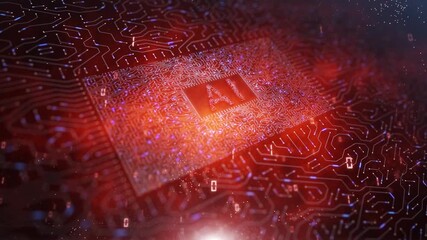 Wall Mural - Futuristic red digital tech circuit with AI motherboard chip and binary numbers loop animation. Concept artificial intelligence technology communication.