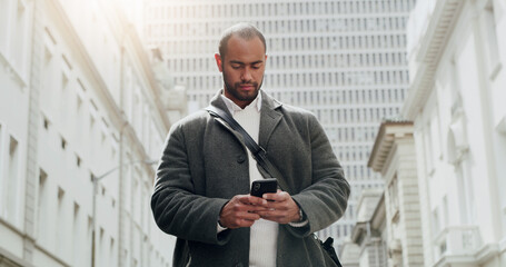 Phone, typing and business man in city for journalist research, source investigation or contact. Eyewitness report, article editor and communication with person outdoor for feedback and news story