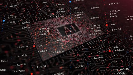 Wall Mural - Futuristic digital tech circuit with AI motherboard chip and business stock data loop animation.