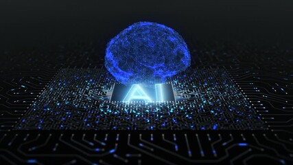 Wall Mural - ai artificial intelligence caption and digital brain spins over futuristic motherboard circuits.