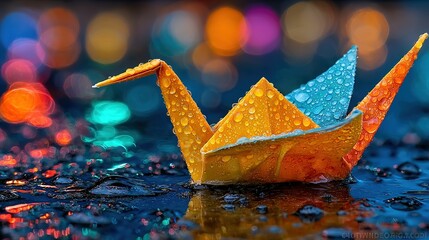 Origami paper crane with water droplets on a reflective surface with bokeh background.