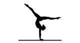 Silhouette of a graceful gymnast performing a one-handed handstand with legs in a split.