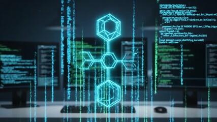 Futuristic concept of decentralized blockchain technology with a glowing holographic network structure and streaming data code on computer monitors