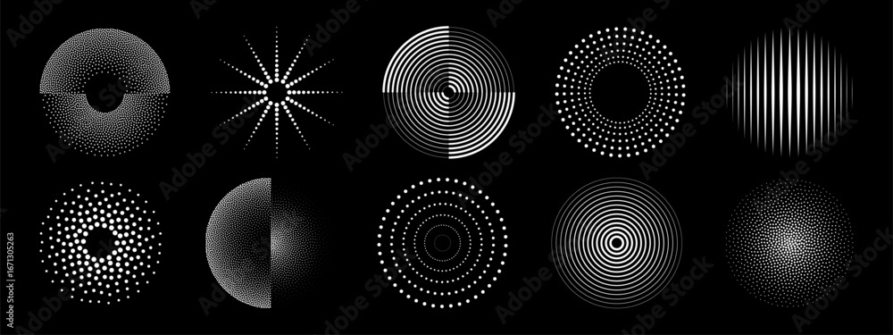 Ripple dot pattern set with white circular halftones, concentric rings ...