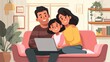 © Johannes - happy indian family couple with child daughter using laptop computer at home smiling parents and teen kid bonding watching streaming online tv or doing ecommerce shopping together sitting on sofa no