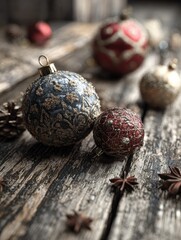 Wall Mural - christmas decorations on a rustic wooden surface