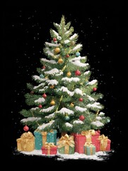 Wall Mural - flat vector showing decorated christmas tree with gifts and snow ideal for holiday cards social medi