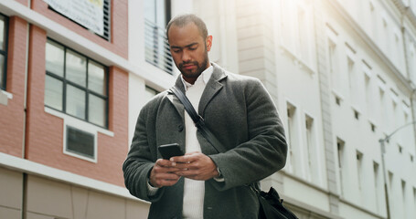 Phone, reading and business man in city for journalist research, source investigation or contact. Eyewitness report, article editor and communication with person outdoor for feedback and news story