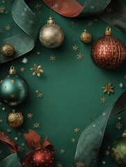 Wall Mural - merry christmas and happy new year with ornaments and ribbon on green background