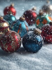 Wall Mural - festive holiday ornaments with winter snow on a textured backdrop
