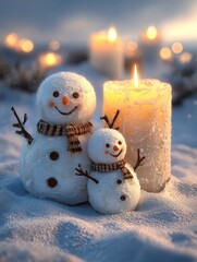 Wall Mural - snowman candles winter snow scene