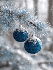Wall Mural - frosted blue christmas ornaments on snowy pine tree branch in winter wonderland
