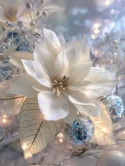 Wall Mural - a stunning white poinsettia plant adorned with glittering ornaments and nestled among twinkling lights in a festive holiday display  lights  holiday