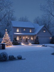 Wall Mural - winter wonderland home a cozy suburban home bathed in warm inviting light standing amidst a snowcovered landscape a christmas tree adorned with twinkling lights stands proudly in the front yard