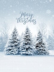 Wall Mural - festive merry christmas greeting with snow covered trees and snowflakes
